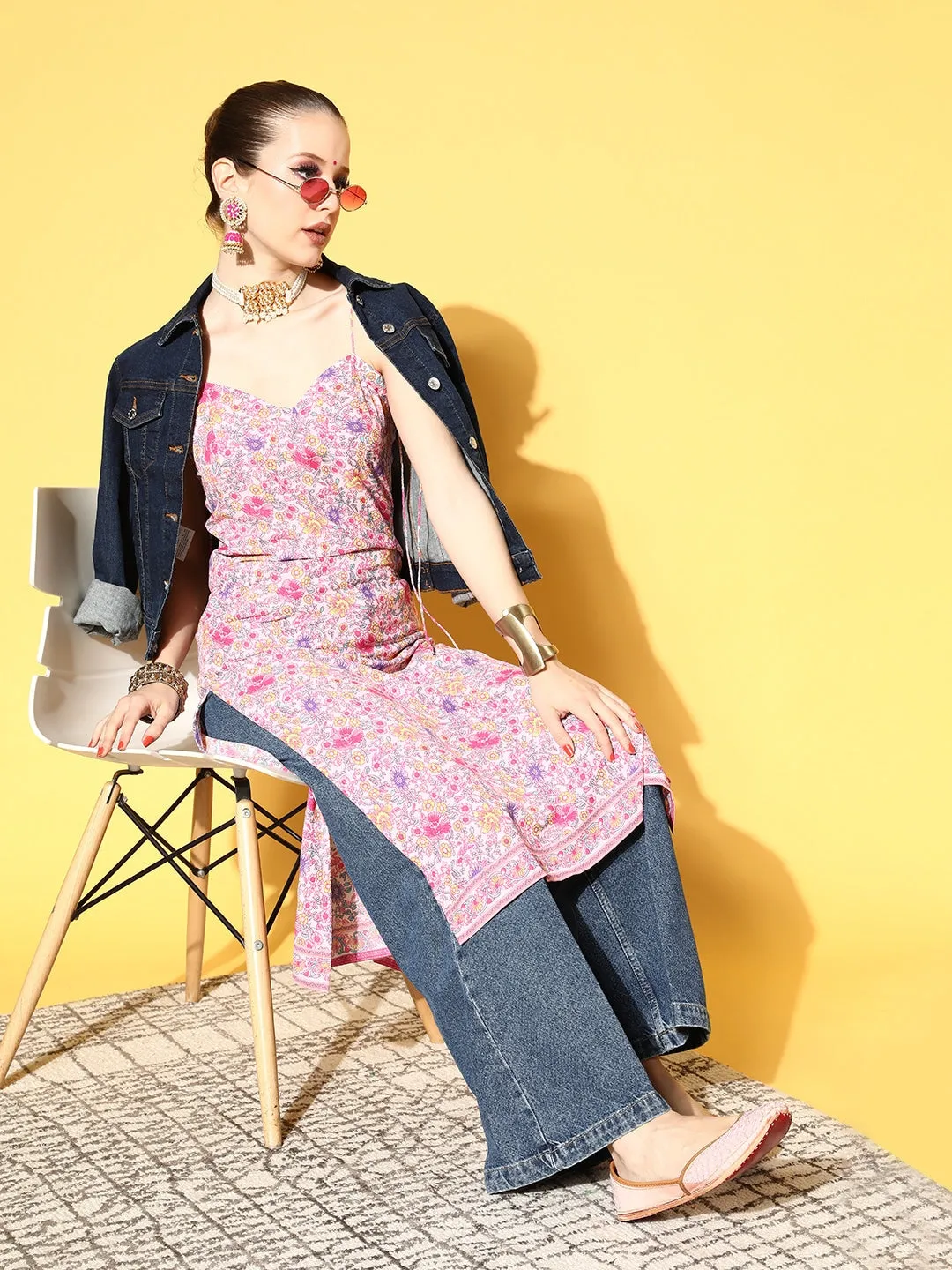 Berrylush Women Pink & Purple Floral Printed Sweetheart Neck Tie-Up Strap Straight Midi Kurta