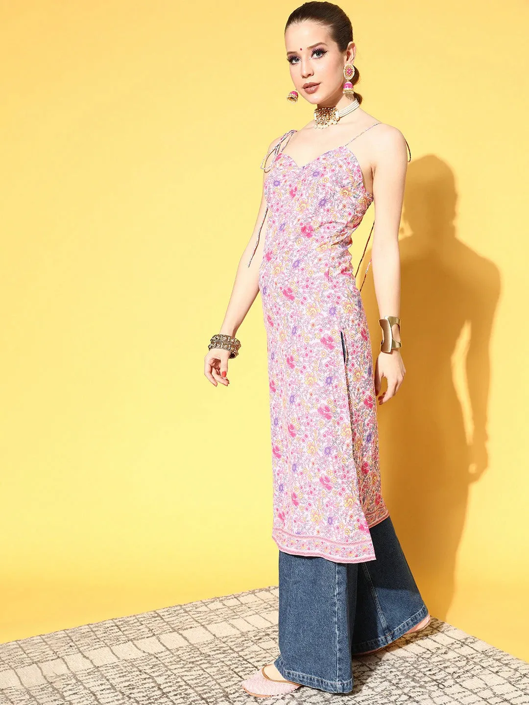 Berrylush Women Pink & Purple Floral Printed Sweetheart Neck Tie-Up Strap Straight Midi Kurta