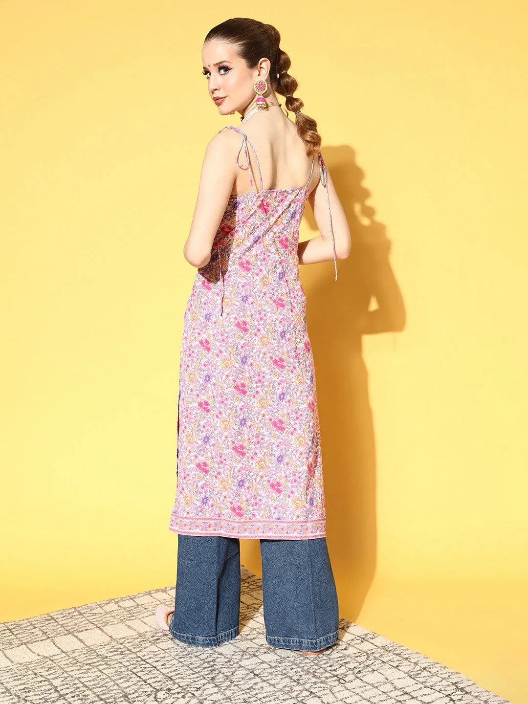 Berrylush Women Pink & Purple Floral Printed Sweetheart Neck Tie-Up Strap Straight Midi Kurta