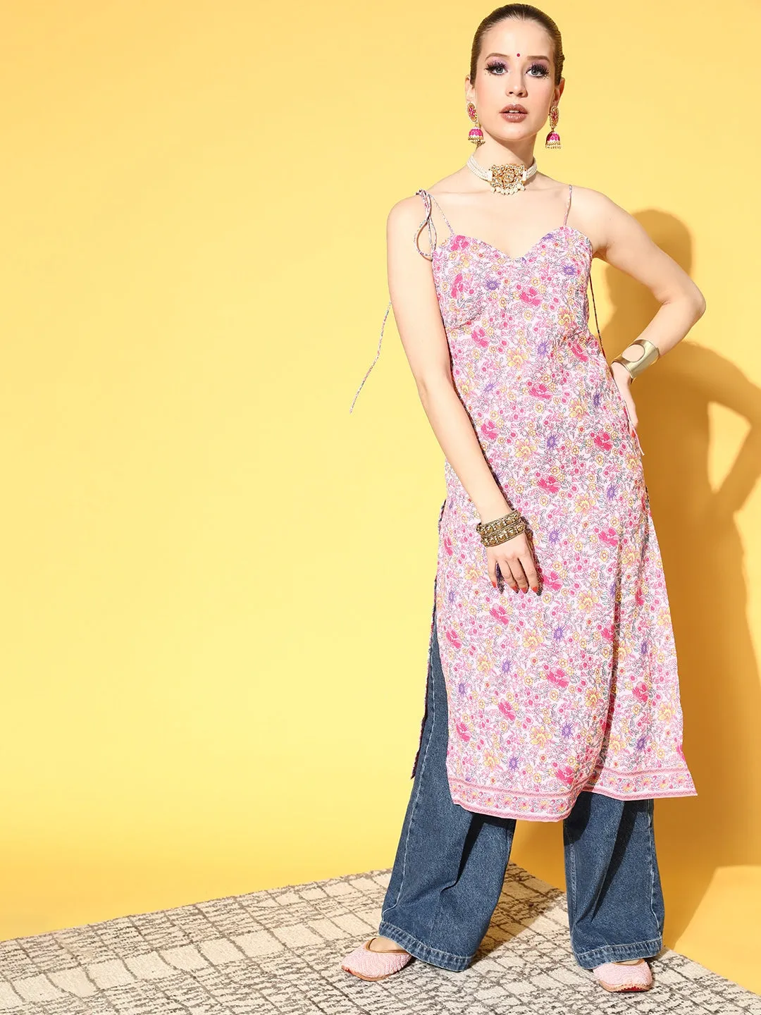 Berrylush Women Pink & Purple Floral Printed Sweetheart Neck Tie-Up Strap Straight Midi Kurta