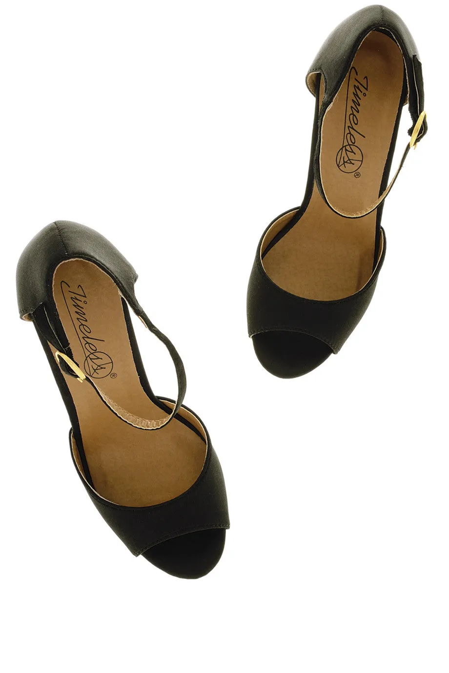BLOSSOMS Black Ankle Strap Wedges