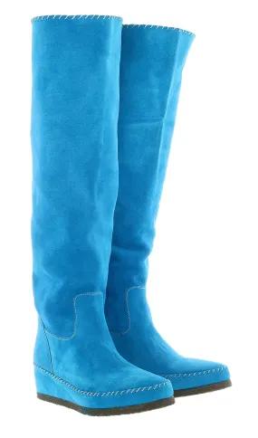 Daniela Fargion Turquoise Suede Suede Knee High Wedge Low Heel Boots-