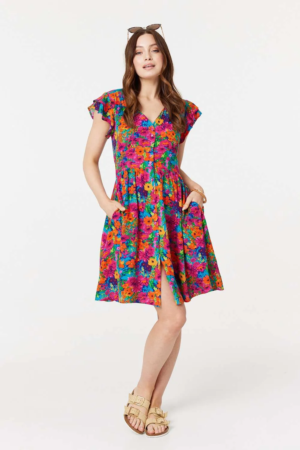 Floral V-Neck Frilled Sleeve Short Dress