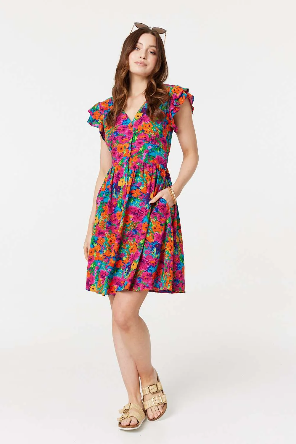 Floral V-Neck Frilled Sleeve Short Dress