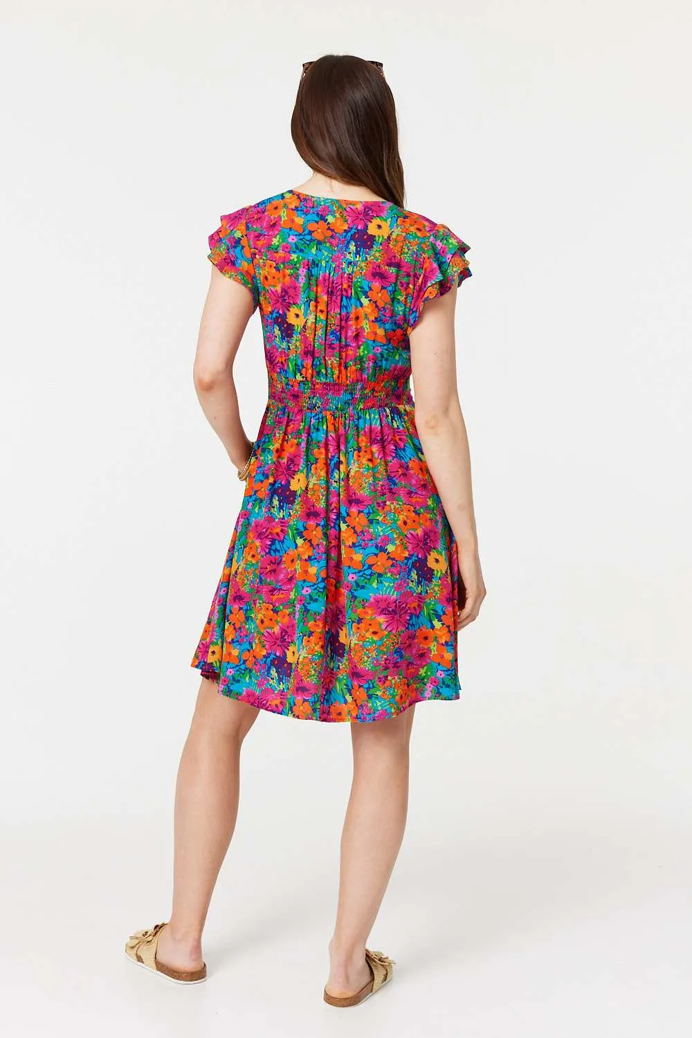 Floral V-Neck Frilled Sleeve Short Dress