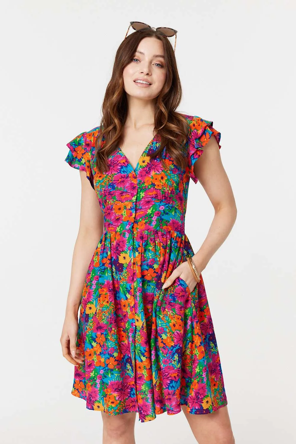Floral V-Neck Frilled Sleeve Short Dress
