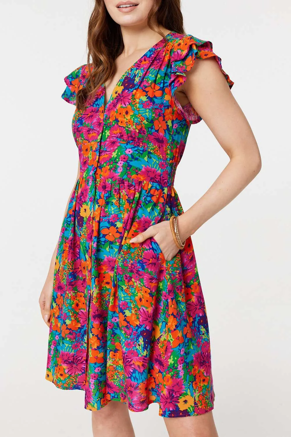 Floral V-Neck Frilled Sleeve Short Dress