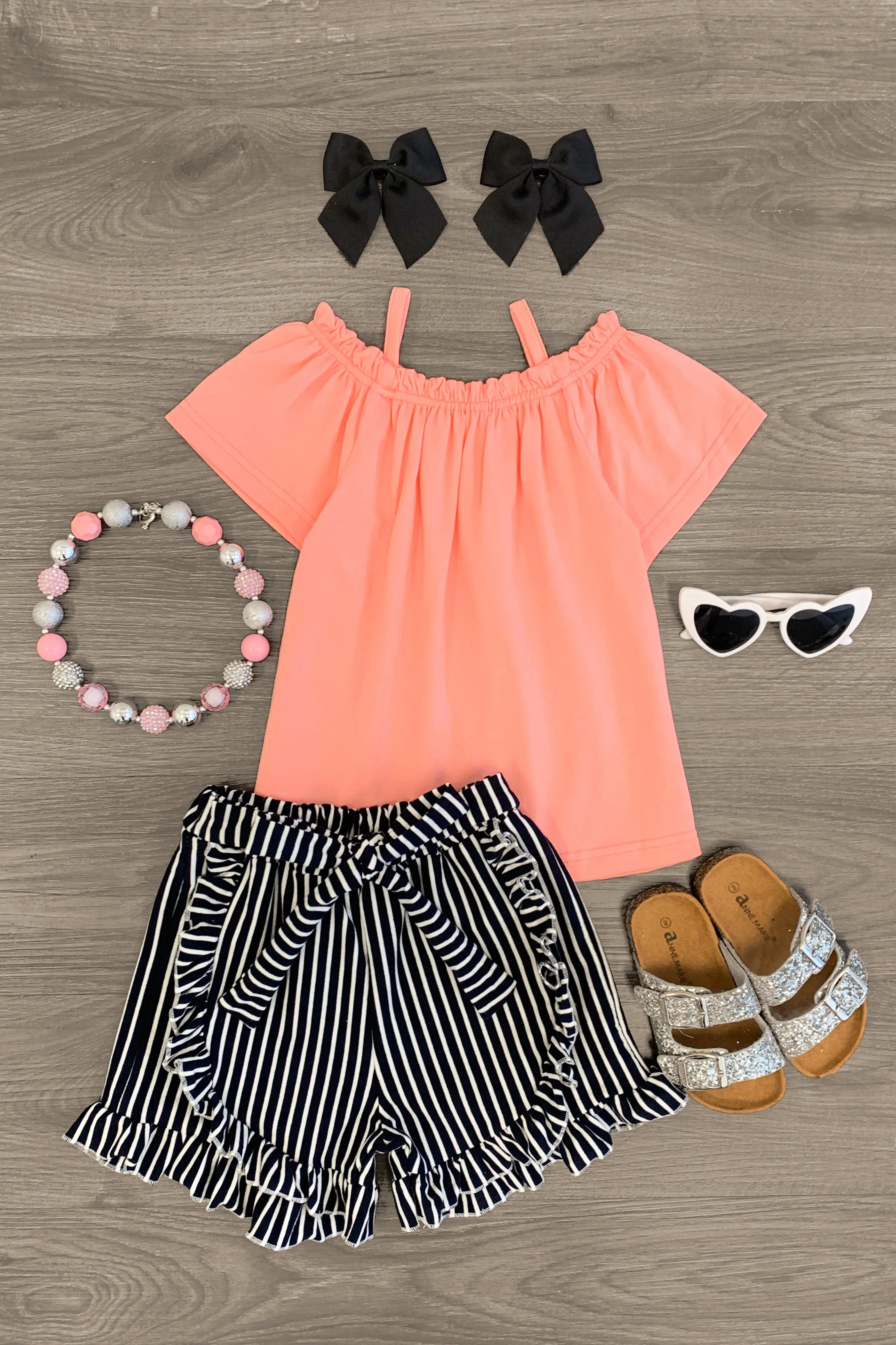 Pink Cold Shoulder Black Stripe Tie Short Set
