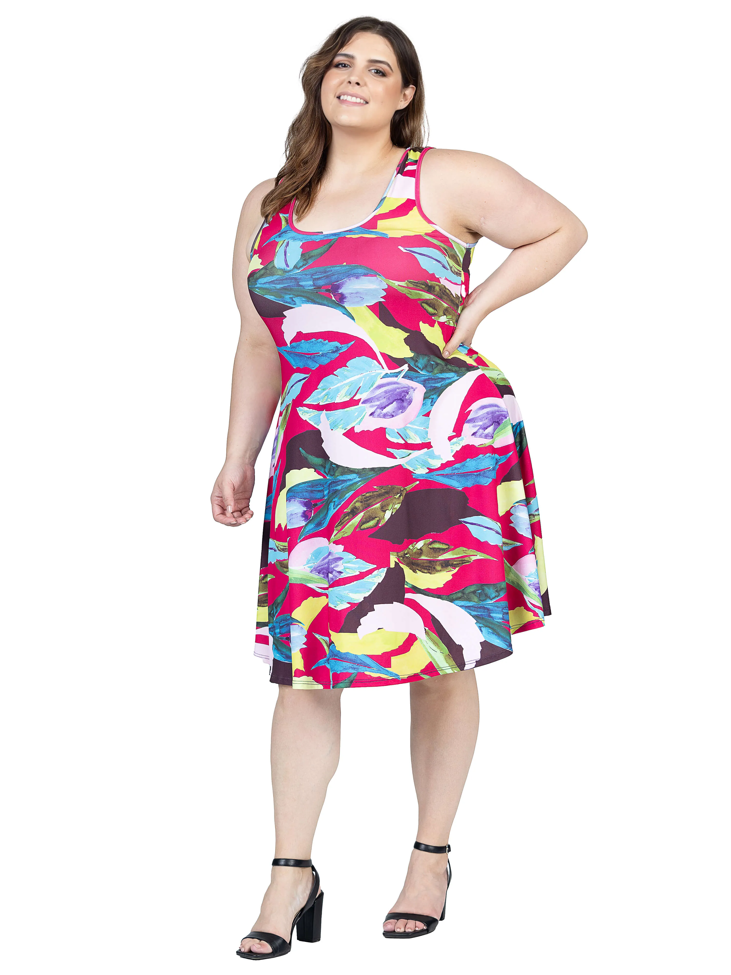Plus Size Bright Pink Sleeveless Knee Length Tank Swing Dress