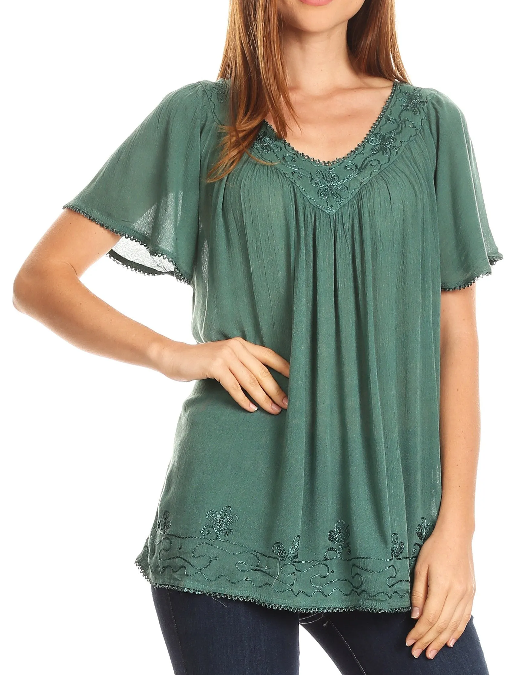 Sakkas Emma Crinkle V-neck Short Sleeve Top Blouse with Embroidery and Sequin