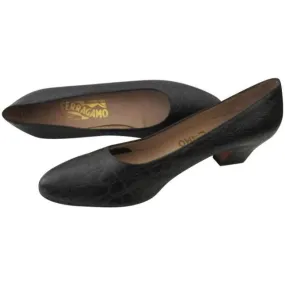 Salvatore Ferragamo Midnight Blue Croc Round Toe Embossed Leather Pumps Size Us