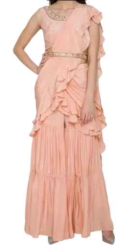 SAMPLE SALE: Peach Ruffle Pre-Draped Sharara Sari