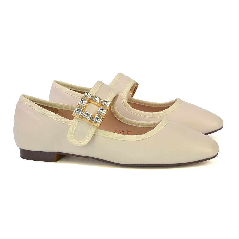 Stan Diamante Buckle Strap Mary Jane Flat Bridal Ballerina Pumps in Black Synthetic Leather