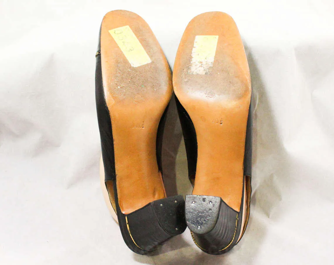 US Size 9 Celine Designer Shoes - Classic Black Leather Pumps with Patent Toe Caps & Brass Chain Detail - Euro Size 40 1/2 - 1990s High End